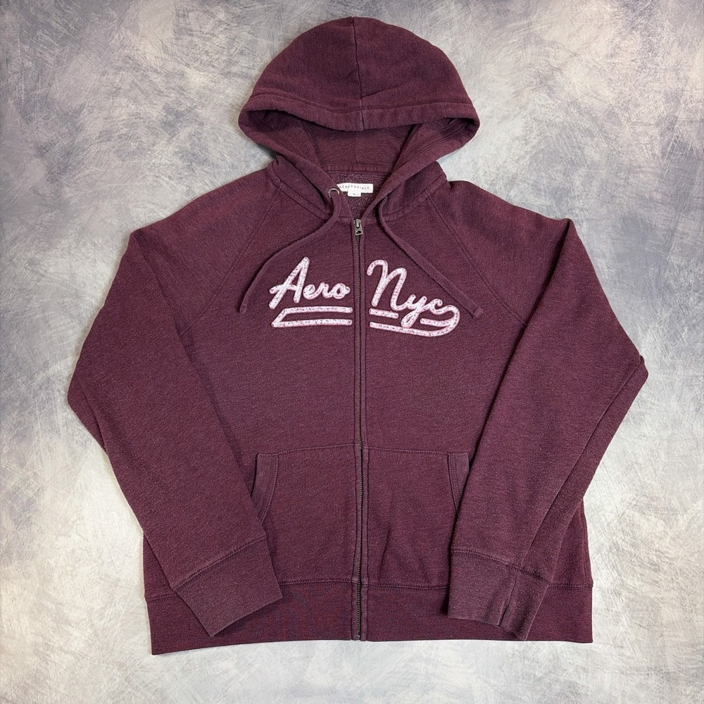 Aeropostale Full Zip Hoodie Womens XL Burgundy Aero NYC Lettering Sweatshirt